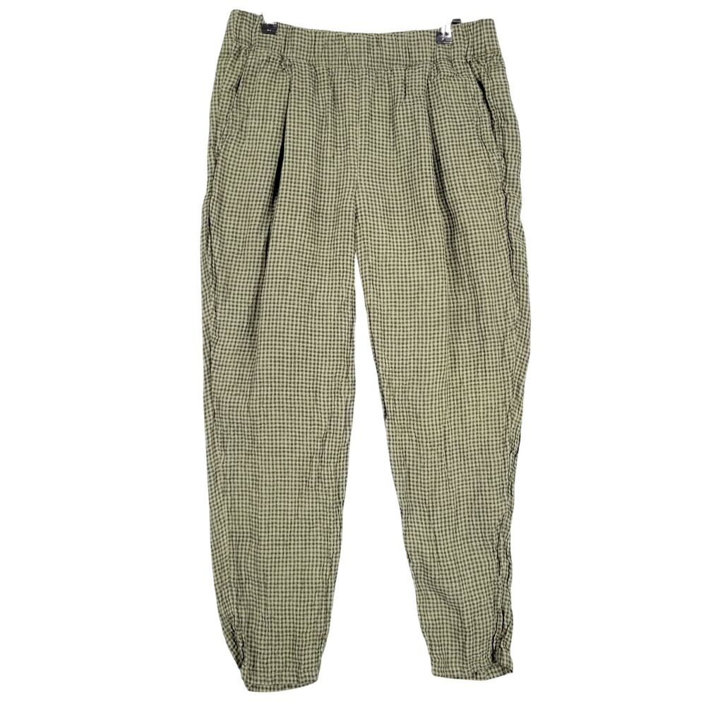 EILEEN FISHER Green Gingham Linen Pull On Pants Sustainable Ethical SIZE MEDIUM